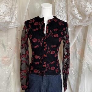 Mesh button up blouse with red floral embroidery Sz. S